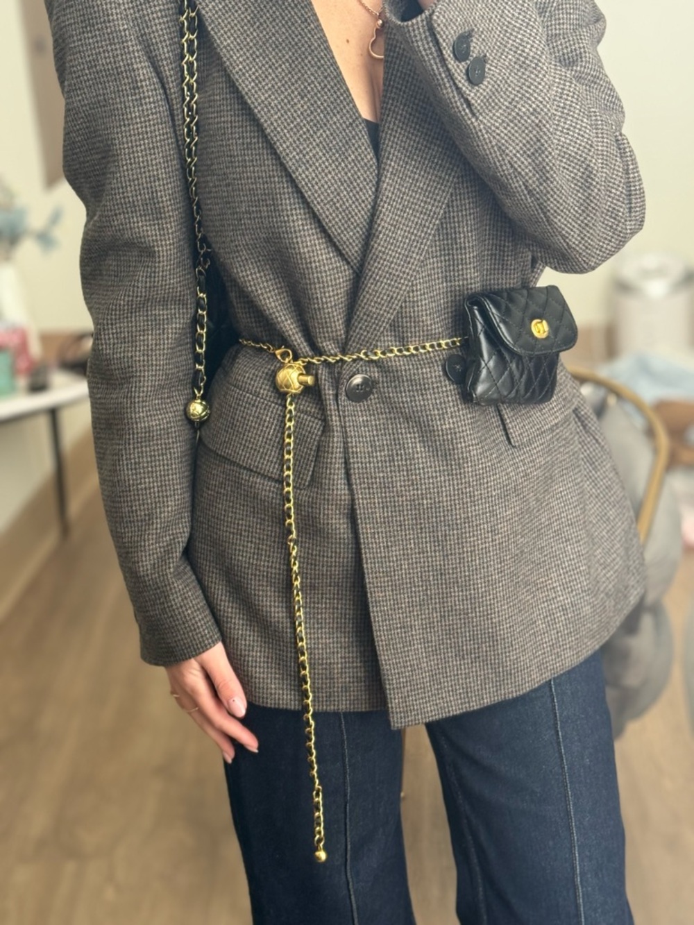 Quilted Mini Chain Belt Bag in Black with Gold Hardware